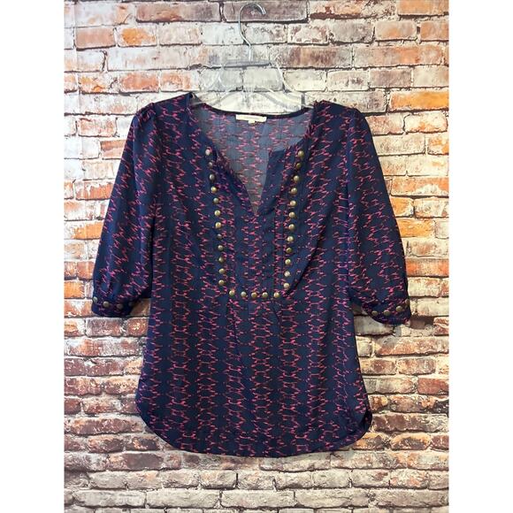 blue pink 41 hawthorn blouse top short sleeve embellished women's size small - Picture 1 of 7